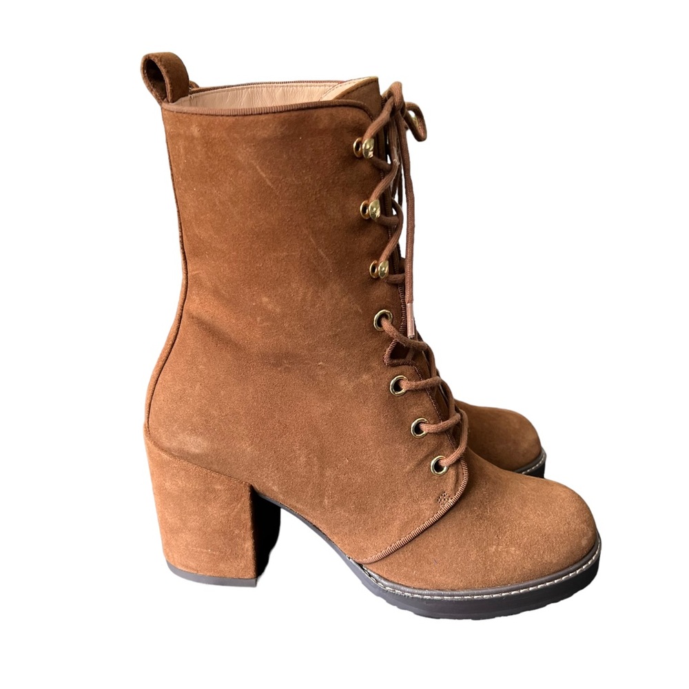 Stuart Weitzman Cassey 75 Suede Block Heel Combat Boots Coffee Brown Women's 6